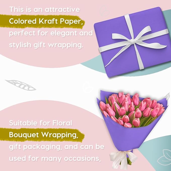 SMART&CASUAL 36" x 1,500" (125') Purple Kraft Craft Paper Roll for Gift Wrapping Bulletin Board Bouquet Flower Kids Art Packing Parcel Table Covering 80GSM 55LB (Purple, 36" x 125')
