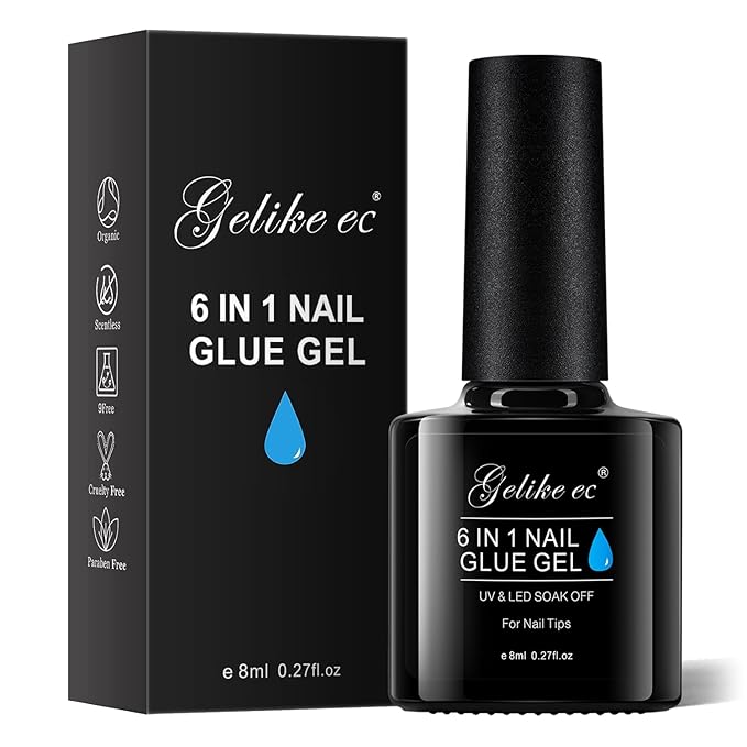 Gelike EC UV Gel Nail Glue for Press On Nails: 6 in 1 Strong UV Nail Glue for Nail Tips and Acrylic Fake Nail - Long Lasting 28 Days Quick Dry - Beginner Friendly DIY for Home Salon