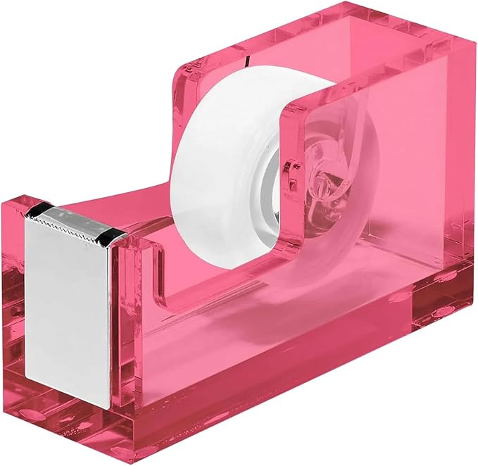 OfficeGoods Acrylic Tape Dispenser, Aesthetic and Compact Design, Pink | Modern desk accessory for office, Heavy duty refillable tape holder for crafting, Stylish desktop accessory for gift wrapping