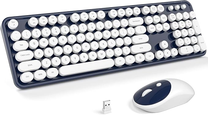 KNOWSQT Wireless Keyboard and Mouse Combo - White-DarkBlue Full-Sized 2.4 GHz 104 Keys Typewriter Keyboard, Flexible Round Keycap and Optical Mouse for Windows, Computer, PC, Laptop, Desktop, Mac