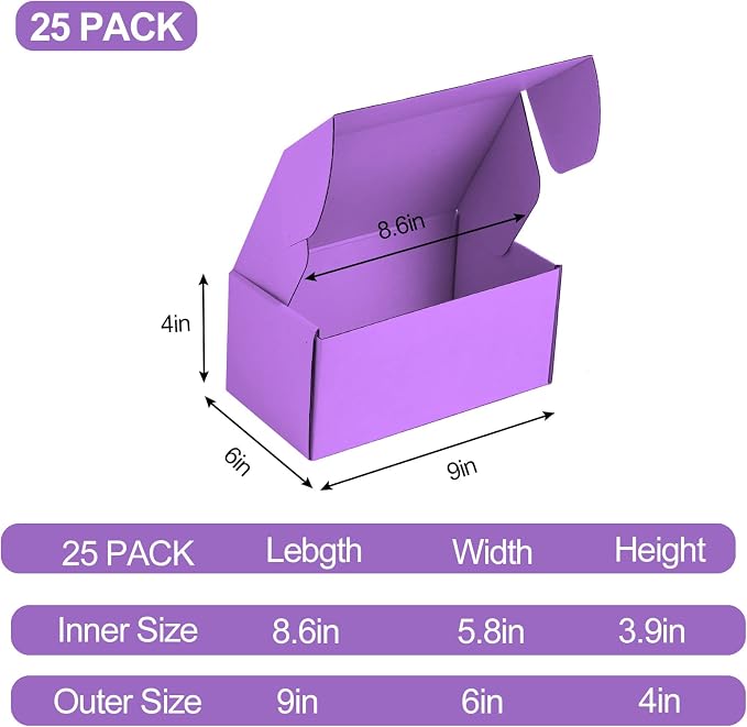 25 Pack Small Shipping Boxes Purple Corrugated Cardboard Box 9x6x4 inches，Corrugated Box for Packaging Small Business,Mailing Packing Literature Mailer,Shipping Gift Boxes