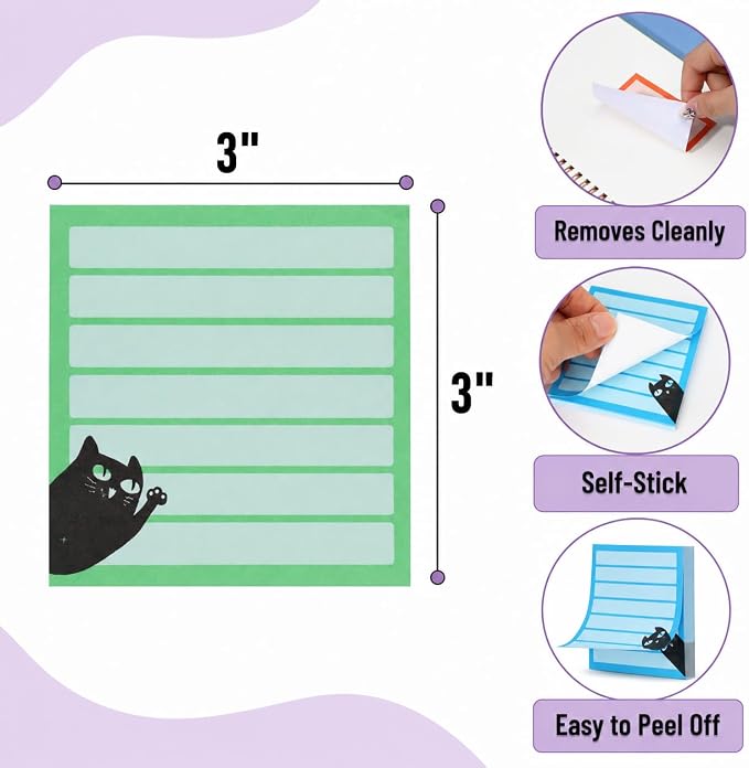 Mr. Pen- Black Cat Sticky Notes Set, 3" x 3", 6 Pads, 480 Sheets | Black Cat Sticky Notes, Memo Pads, Self-Stick Note Pad for Office, School, Home, Study & Organization