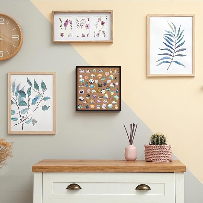 BENECREAT Pin Board Square Cork Board with Black Frame, 11.8x11.8inch Wall Mounted Cork Board for Brooch Pin Storage, Office Home Festival Wedding Decor, 0.7inch Thick