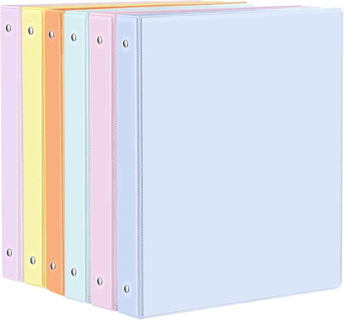 3 Ring Binder - 6 Pack, 1 Inch Binder with 2 Interior Pockets & Clear View Overlay, Large Capacity, Round Ring Binders for Office Supplies, School & Home (6 Colors)