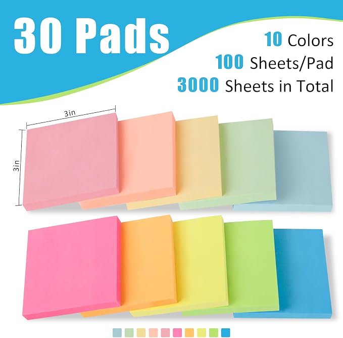 SACATR 100 Sheet/Pad Sticky Notes, 30pad,3x3 inches,Total 3000 Sheet | Add 100 Sheets Per Pad, 10 Bright Color,Strong Adhesive Leaves No Residue,Ideal for Office Bulk Purchase