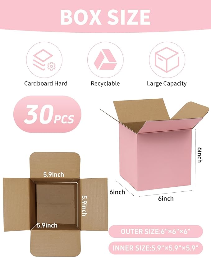 6x6x6 Inch Cute Pink Shipping Boxes, 30 Pack Corrugated Cardboard Box, Mailing Packaging Boxes for Small Business