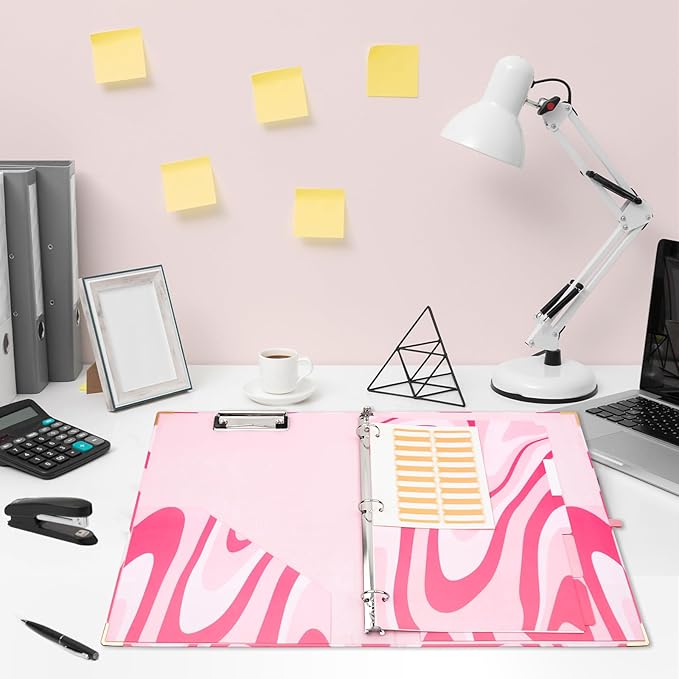 3 Ring Binder 1 Inch Three Ring Binder Cute Binder Fits A4 Paper Decorative Clipboard Binder with 5 Tab Dividers for School Office Supplies (Pink Ripple)