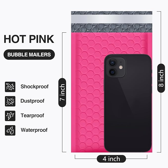 UCGOU Bubble Mailers 4x8" Hot Pink 50 Pack Usable Size 4x7" Shipping Bags | Opaque Self Seal Adhesive Waterproof Boutique Padded Envelopes for Jewelry Makeup Small Bubble Mailers for Trading Cards #000