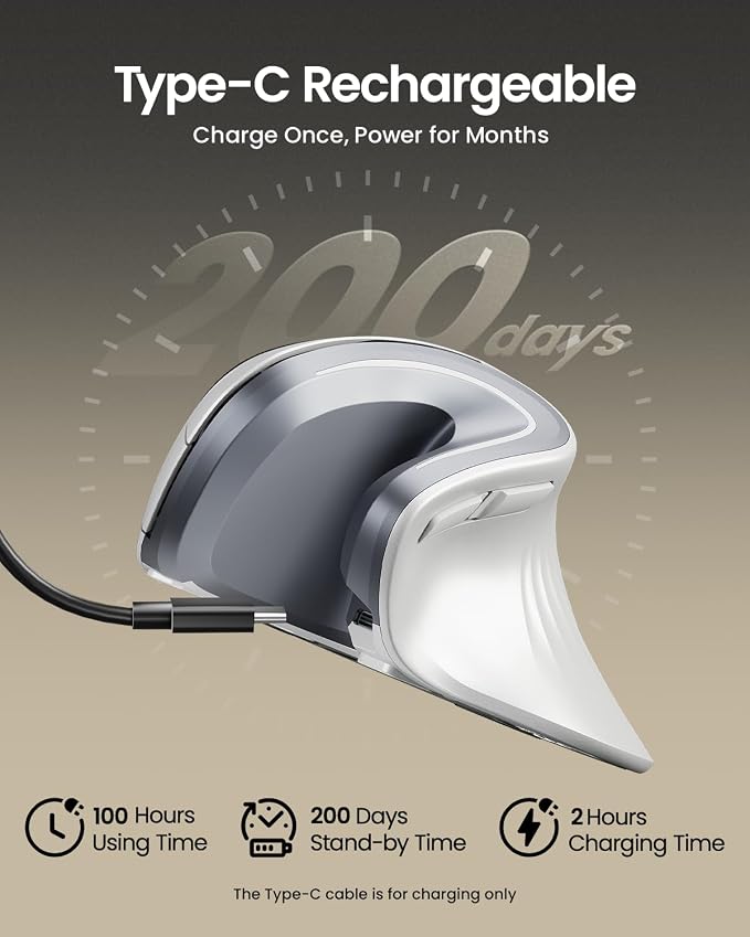 ProtoArc EM11 NL Wireless Ergonomic Vertical Mouse, White | 58° vertical design supports a natural wrist posture; connect 3 devices via Bluetooth/2.4G USB-A; 500mAh USB-C rechargeable.
