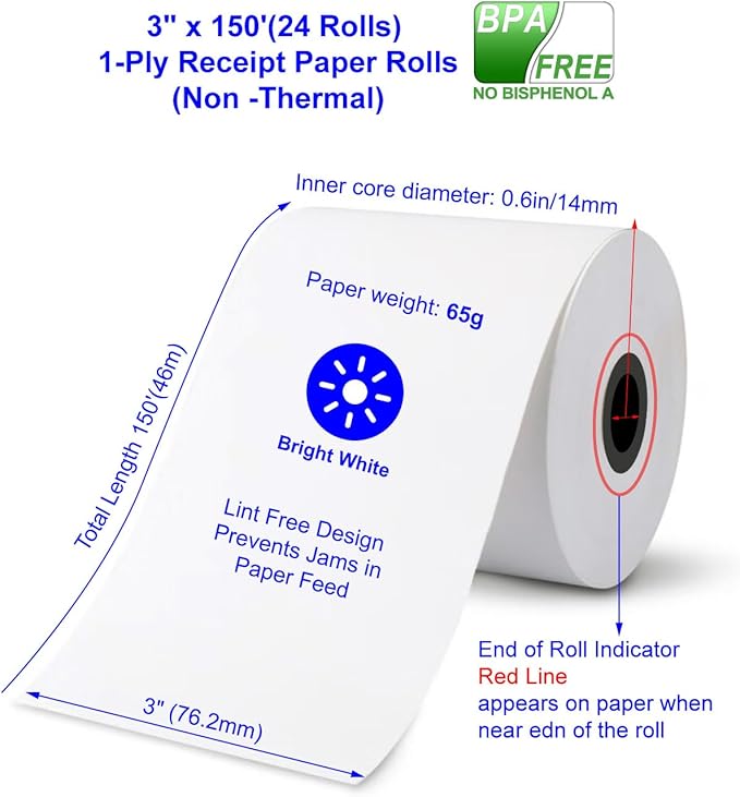 Star SP700 Kitchen Printer Paper (24 Rolls) 3" x 150' 1 Ply Bond (Non -Thermal) Receipt Paper POS Cash Register Paper for TMU200 SRP275 from 3000LABELS DIRECT