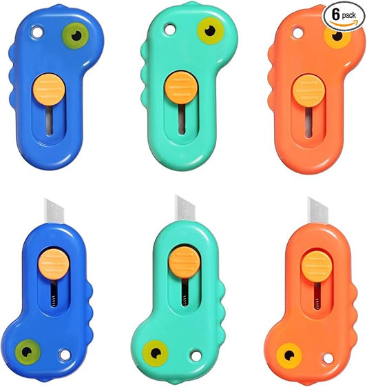 Harita Box Cutter Utility Knife Mini Retractable Lanyard Hole, Alloy Steel Blade, 6 Piece, Lightweight Letter Opener, Cute Animal Shaped Dinosaur