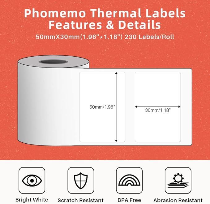 Phomemo Thermal Sticker Label Paper for M120/M110/M220/M250/M150 Label Maker Machine, Multi-Purpose Self-Adhesive Tag 1.96'' x 1.18"(50X 30mm), 230 Labels/Roll,Black on White