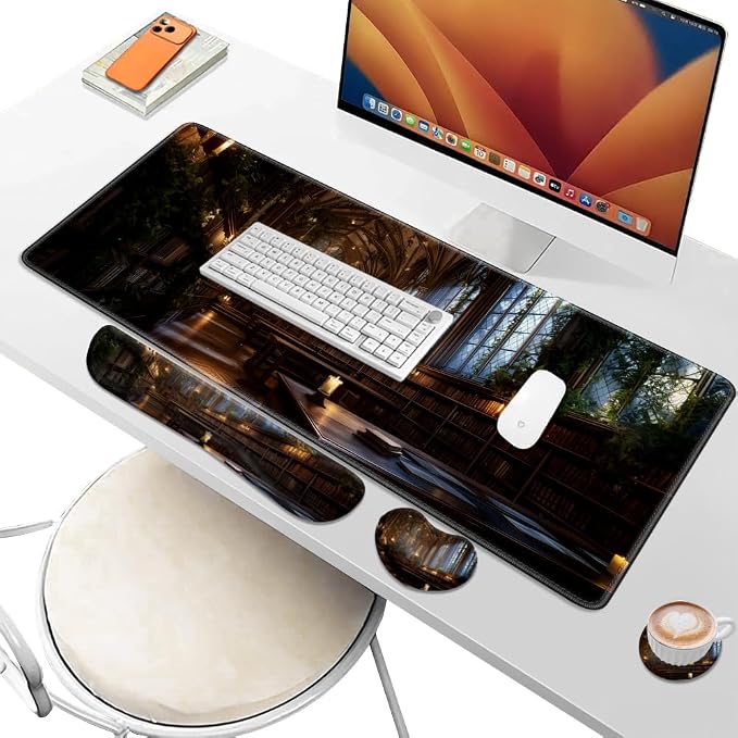 Desk Pad and Keyboard Wrist Rest, Large Mouse Pad + Keyboard Pad+Mouse Wrist Support, Non-Slip Desk Mat Protector for Office, Home 31.5×11.8 Inches Cathedral