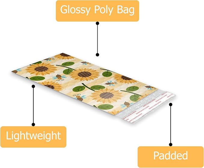 4x8 (20pcs) Sunflowers and Bees Designer Self Seal Poly Bubble Mailers Shipping Envelopes Padded Bags