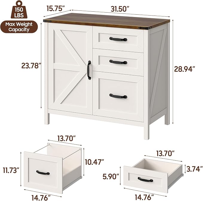 Befrases Farmhouse Lateral Filing Cabinet, Lateral File Cabinet with 3 Drawers and Storage Cabinet, Wooden Printer Stand with File Drawer for Letter/A4 Size Hanging File for Home Office, Rustic White