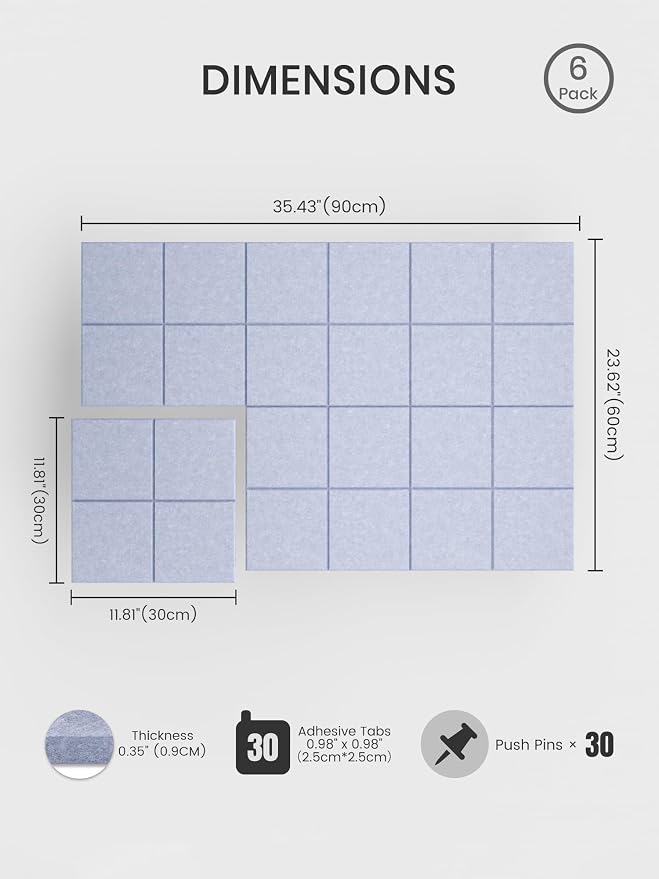 Bumusty 36" x 24" Large Cork Board Alternative, Soft Periwinkle | 6-Pack Felt Bulletin Board Tiles, 60 Adhesive Tabs, 30 Pushpins, Home, Office, Classroom, Vision Board