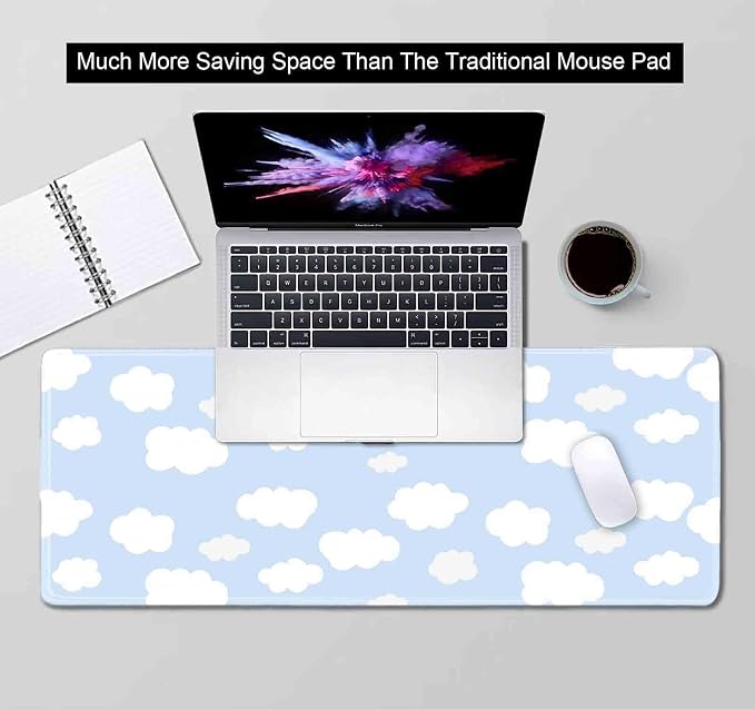 Cute Desk Pad, Blue Sky with Clouds Desk Mat, Large Mouse Pad, Protector Pad, Non-Slip Rubber Base with Stitched Edges Deskmat Writing Mat for Computer Laptop Office,31.5 X 11.8 in