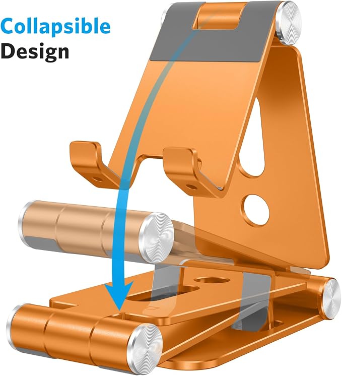 OMOTON Foldable Cell Phone Stand, C4 Portable Aluminum Phone Holder | Adjustable Phone Dock Cradle Compatible with iPhone 17/16/15 Pro Max Air, Samsung Galaxy, Small Tablets, SmartPhones, Orange