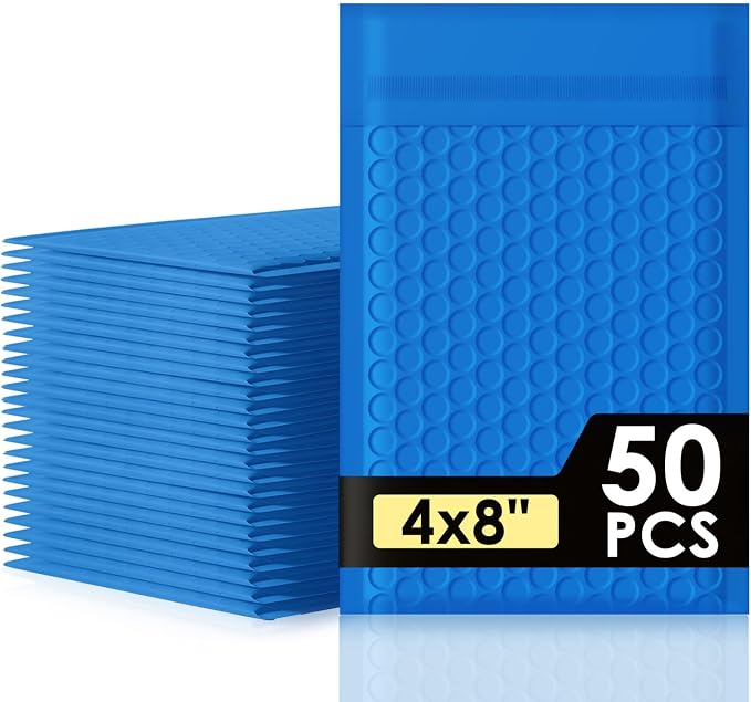 packbabol Bubble Mailers 4x8" 50 Pack Blue Padded Envelopes Waterproof Usable Size 4x7 Self-Seal Padded Mailing Envelopes Bubble Opaque Padded Mailer for Small Businesses， Envelope Mailers#000