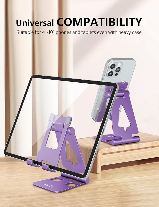 Aoviho Foldable Cell Phone Stand for Desk, Holder for iPhone,Purple | Folds Flat for Easy Storage, Hands-Free Viewing, Fits iPhone 17/16/15 Series & Samsung Galaxy, Ideal for Office & Home