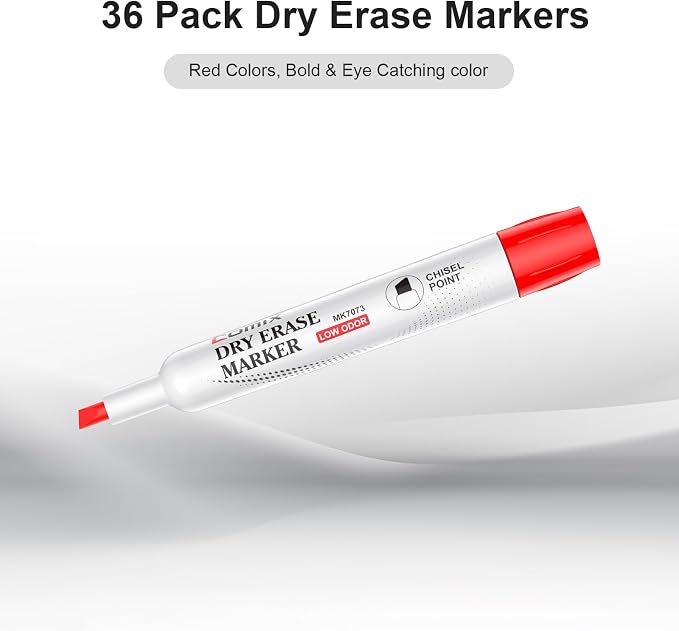 Comix Dry Erase Markers, Chisel Tip Whiteboard Markers, 36 Count Red Color | Low Odor, Non-toxic, Smooth Writing, Easy to erase, Suitable for Classroom, Teachers, Office, School Supplies