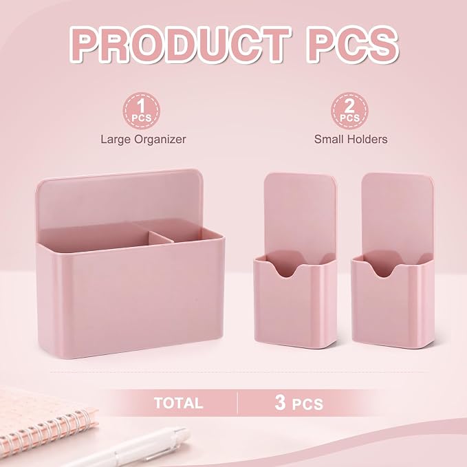 Crtiin 3 Pcs Magnetic Pen Holder Set for Refrigerator, Magnetic Desk Organizer with 1 Large 2-Compartment and 2 Small Holders, Marker Holder for Refrigerator, Whiteboard, Home Office(Pink)