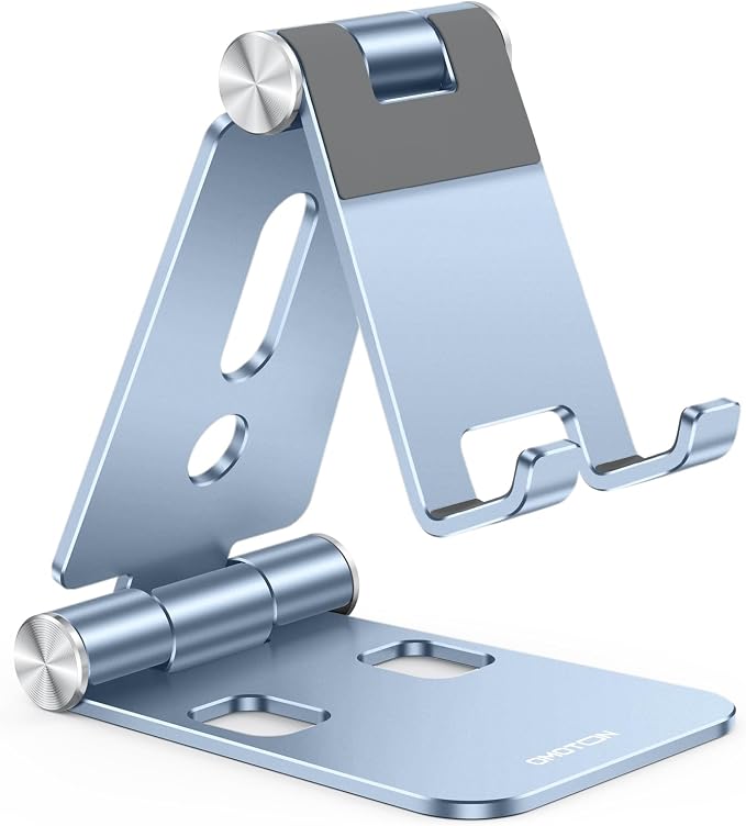 OMOTON Foldable Cell Phone Stand, C4 Portable Aluminum Phone Holder | Adjustable Phone Dock Cradle Compatible with iPhone 17/16/15 Pro Max Air, Samsung Galaxy, Small Tablets, Light Blue