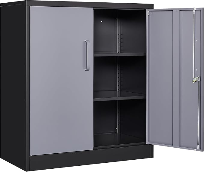 Metal Storage Cabinet with Doors and Shelves,Garage Storage Cabinet with Lock,Black Grey Metal Cabinets with Locking Doors,Steel Cupboard for Home,Office,Garage Cabinets 36" H