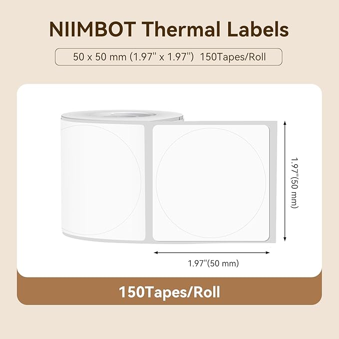 NIIMBOT Labels for B1/B21/B31 Label Maker, 50 x 50 mm (1.97'' x 1.97'') 150 Tapes/Roll, Thermal Label Tape, Waterproof, Oil-Proof for Home Office Small Business Labeling Tape Replacement(White Round)