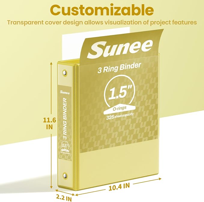 SUNEE 3 Ring Binder 1.5 Inch 1 Pack, Clear View Binder Three Ring PVC-Free (Fit 8.5x11 Inches) for School or Office Supplies, Yellow