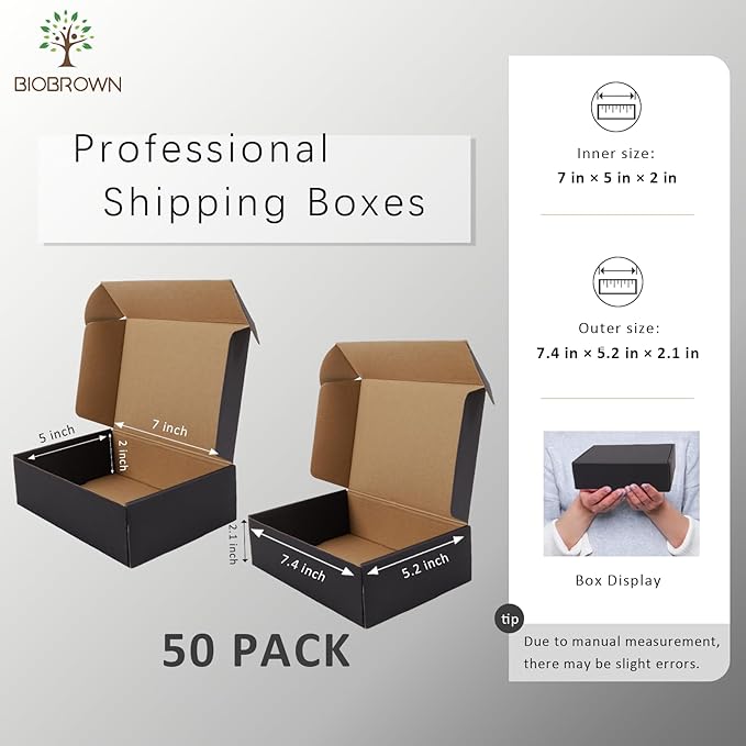 BIOBROWN 7x5x2" Small Shipping Boxes 50 Pack, Black Corrugated Cardboard Mailer Boxes Bulk for Packaging Small Business Mailing Gift