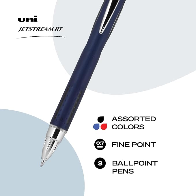 uniball™ Jetstream RT Ballpoint Pens, Black, Blue & Red Ink, 3 Count | 0.7mm Fine Point, Retractable, Smooth Writing, Quick-Drying, Smear-Resistant, uni Super Ink™