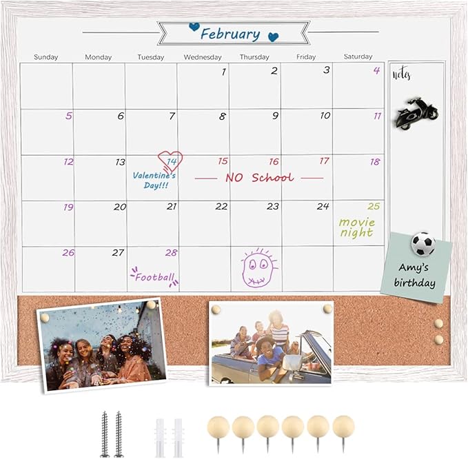 Dry Erase Calendar Whiteboard for Wall, Combination Magnetic Dry Erase White Board & Bulletin Board, 17.7" x 21.6" White Wood Framed Calendar/Cork Combo Board(WH-4555)