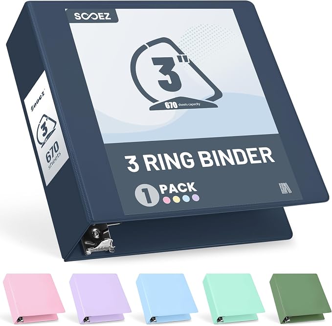 Sooez BinderX Extra Durable 3 Inch 3 Ring Binder, D-Ring Large Binders | Holds 670 Sheets of 8.5x11 Paper, Customizable View Cover with 2 Inside Pockets, School & Office Supplies, Dark Blue