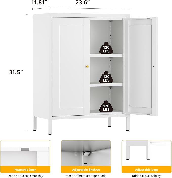 YAUWOH Metal Bathroom Storage Cabinet,Bathroom Floor Storage Cabinet with 2 Adjustable Shelves and 2 Doors,Freestanding Sideboard for Small Spaces, Living Room, Home Office, Dining Room,White