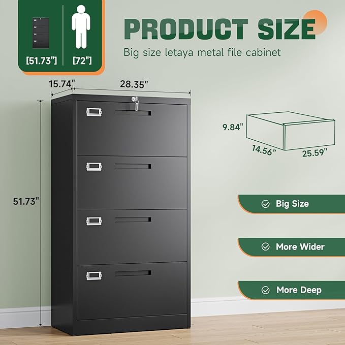 4 Drawer File Cabinets with Lock,Metal Lateral Filing Storage Cabinet Printer Stand,Black Steel Home Office Cabinet for Hanging Files Letter/Legal/A4 Size (Black, H51.73×W28.35×D15.74)