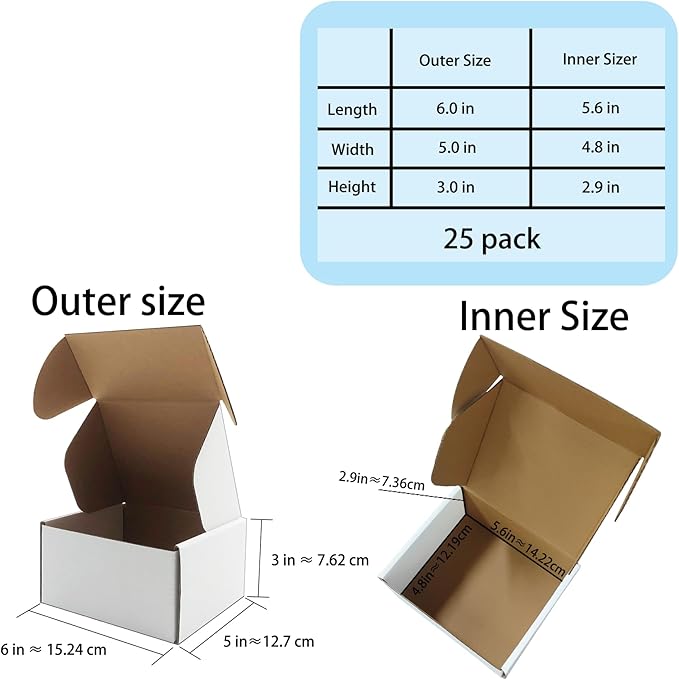 6x5x3 inch Shipping Boxes, White Corrugated Cardboard Box Literature Mailing Shipping Packaging Recyclable Storage Boxes and Craft Gifts Giving Products Business White Box Set of 25 (6''x5''x3'')