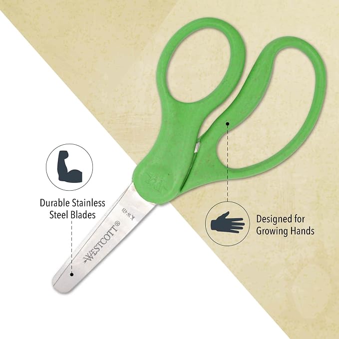 Westcott Kids Scissors 12-Pack, 5" Blunt Tip Safety Scissors for Ages 4+, Left & Right Handed, Recycled Eco-Friendly for School and Craft Projects
