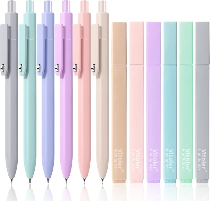 Aesthetic Highlighters and Black Ink Pens Set,Smooth Writing,Quick-Drying | 6pcs Chisel Tip Highlighters & 6pcs 0.5mm Fine Point Gel Pens for Women Nurse Bible Study,School and Office Supplies