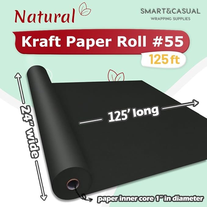 SMART&CASUAL 24" x 1,500" (125') Black Kraft Craft Paper Roll for Gift Wrapping Bulletin Board Bouquet Flower Kids Art Packing Parcel Table Covering 80GSM 55LB (Black, 24" x 125')