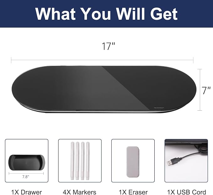 Glass Desktop Whiteboard - 17 X 7 Inches Black Board Green Light | Glass Surface/Notepad with 1 Drawer/ Desk Organizers/ for Office, Home, School Supplies