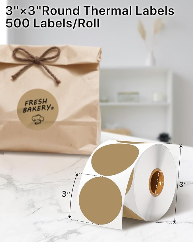 3 Inch Round Thermal Printer Label Stickers Self-Adhesive Circle Convenient Multi-Purpose Blank 3" Sticker Roll for Family Classification, DIY Envelope and Gift Sealing, Brown (500Pcs)
