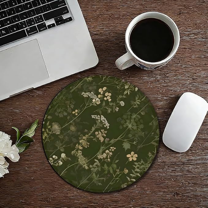 Dark Green Plant Round Mouse Pad, Rustic Spring Cottagecore Meadow Wildflower Botanical Mousepad Mat for Home Office Computer Laptop Desk Accessories 7.9x7.9 in