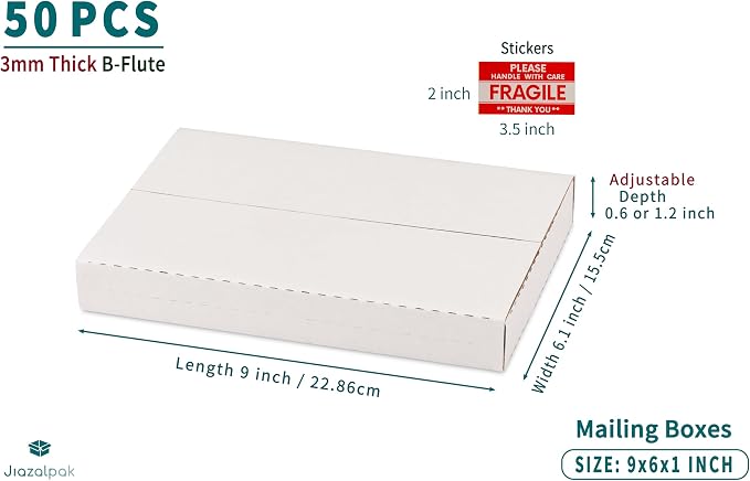 9x6x1 Inch Shipping Boxes for DVDs, CDs, Books Mailing, 50 Pack | Multi-Depth, Easy-Fold, Corrugated Cardboard, Includes Fragile Stickers, Single-sided White