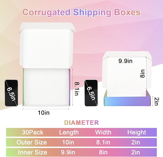10x8x2 Shipping Boxes for Packaging Small Business, 30 Pack Colorful Corrugated Cardboard Boxes for Shipping Packing Mailing