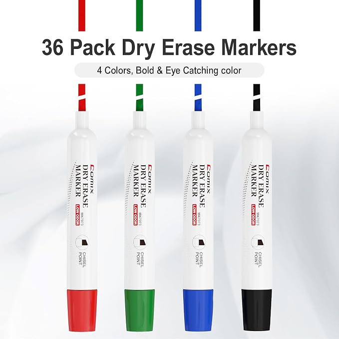 Comix Dry Erase Markers, Chisel Tip Whiteboard Markers, 36 Bulk 4 Colors | Low Odor, Non-toxic, Smooth Writing, Easy to erase, Suitable for Classroom, Teachers, Office, School Supplies