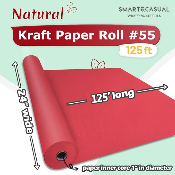 SMART&CASUAL 24" x 1,500" (125') Red Kraft Craft Paper Roll for Gift Wrapping Bulletin Board Bouquet Flower Kids Art Packing Parcel Table Covering 80GSM 55LB (Red, 24" x 125')