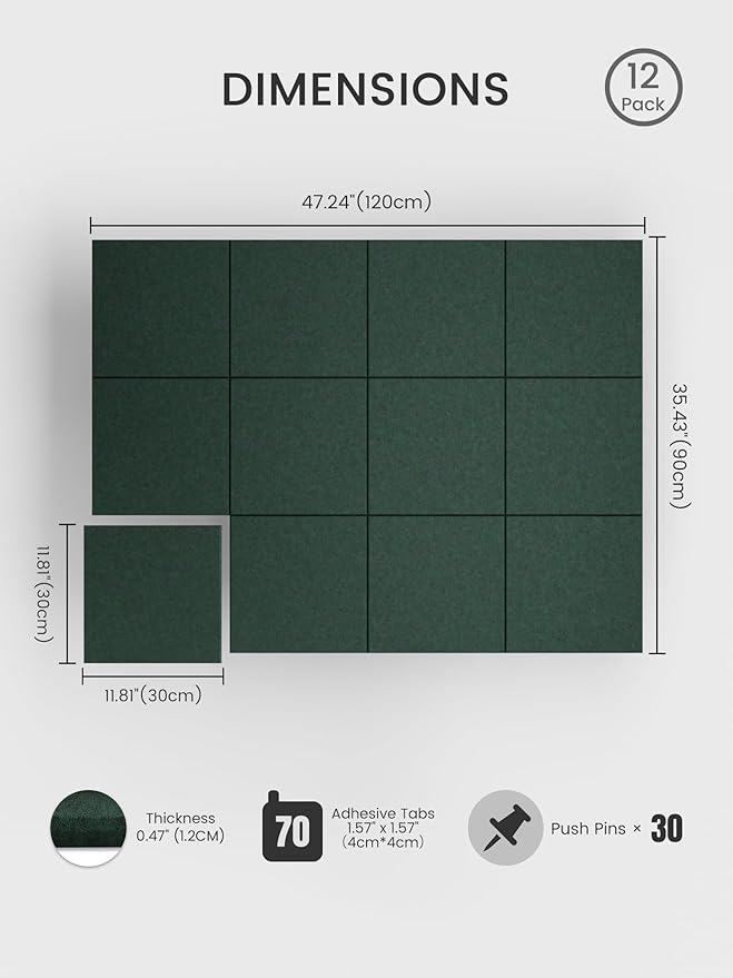 Bumusty Large Cork Board 48" x 36" Alternative - 12 Pack Felt Wall Tiles with 70 Safe Removable Adhesive Tabs, 30 Pushpins, Cork Boards for Walls Pin Board Bulletin Board Office Decor (Pine Green)