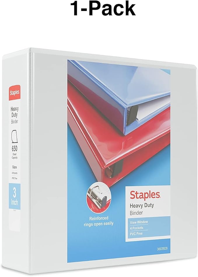 Staples Heavy-Duty 3-Inch D-Ring View Binder, White – Large Capacity 3-Ring Binder for School & Office Storage