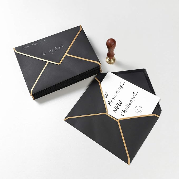 100 Pack A7 Envelopes 5x7 Black Gold Border 5.32x7.28 Inches | With Gold Stickers, For Wedding Gift Cards, Invitations, Graduation, Baby Shower
